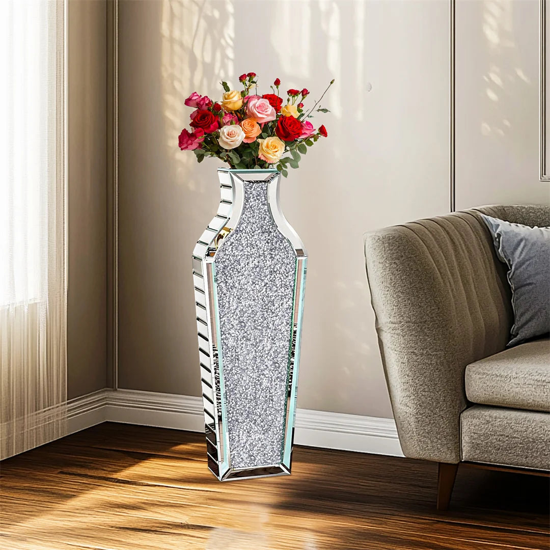 Luxury Floor Glass Vase Large Tall Stand Silver Crushed Diamond Floor Vase for Home Hotel Decorative