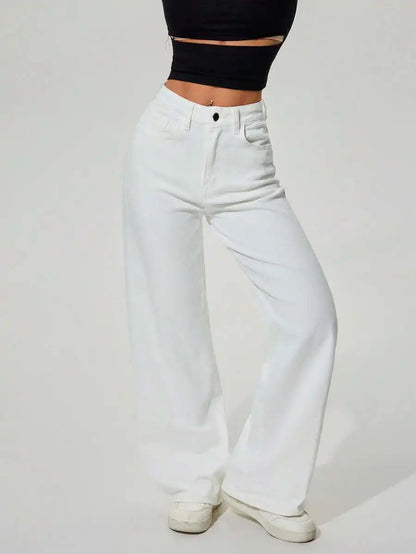 High Waist Wide Leg Washed Denim Jeans for Women - Casual Streetwear Style