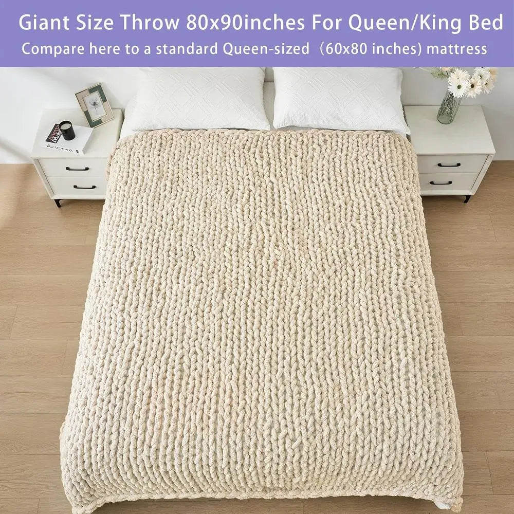 Chunky Knit Throw Blanket for Couch, 80x90 inches, 100% Hand Knitted with Thick Jumbo Chenille Yarn, Cozy Soft Large Rope Knot C