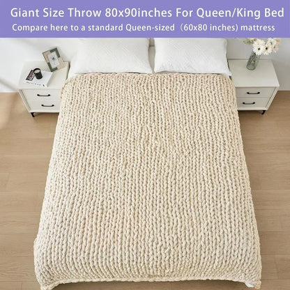 Chunky Knit Throw Blanket for Couch, 80x90 inches, 100% Hand Knitted with Thick Jumbo Chenille Yarn, Cozy Soft Large Rope Knot C