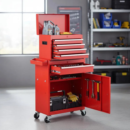 Tool Box Organizer with Lockable Wheels, Sliding Drawers, and Detachable Top, Garage Workshop Tool Storage Cabinet