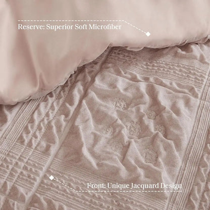 5-Piece Queen Size Comforter Set, Puy Seersucker Textured Grid Boho Bedding, Dusty Pink Plaid Comforter with 2 Shams & 2 Decorat