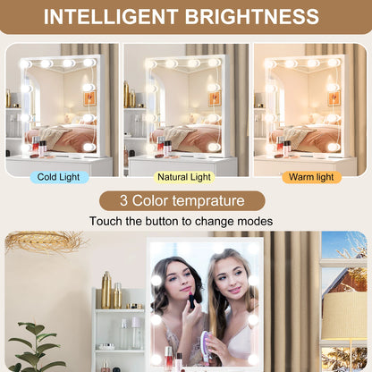 White Makeup Dressing Table W/ Lights Sliding Mirror 4 Drawers Vanity Desk Stool