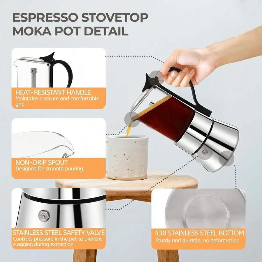 Lear Plastic Moka Pot 4 Cup 200ml Stainless Steel Coffee Maker Uncoated Stovetop Espresso Coffeemaker Italian Classic Style Auth
