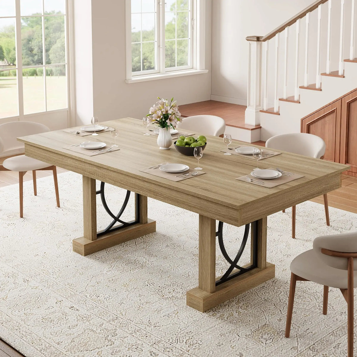 71 Inch Dining Table For 6-8, Large Rectangular Kitchen Table With 2 Storage Drawers, Double Pedestal Wood Table For Dining Room