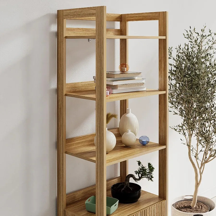 Mainstays Natural Teak Reeded 4‑Shelf Bookcase with Drawer Wooden Display Storage Bookshelf for Living Room Home Office