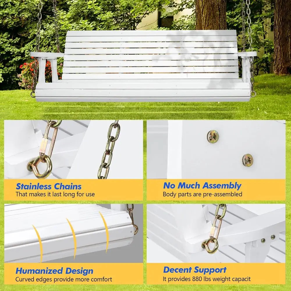 Upgraded Patio Wooden Porch Swing for Courtyard & Garden, Heavy Duty 880 LBS Swing Chair Bench with Hanging Chains for Outdoors