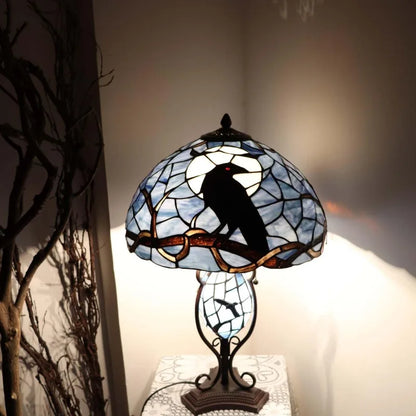 L10954 Raven Sitting on Bare Tree Branch in Full Moon Night Tiffany Style Stained Glass Table Lamp for Home Decor (Dark Bl
