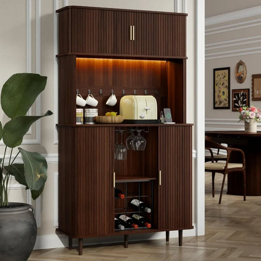 71" Tall Wine Bar Cabinet with Storage and Wine Rack, Fluted Liquor Cabinet, Modern Coffee Bar Cabinet with LED Lights and Powe