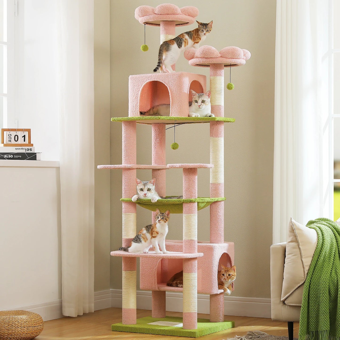 81 Inches Cat Tree Tower with Oversized Hammock&Perches, Two Condos, XL Extra Large Condo with 7 Scratching Posts for Large Cats
