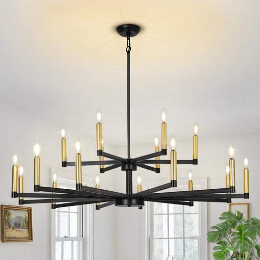 Candle Chandeliers for Dining Room 2-Tiered 18 Light Black and Gold Chandelier Farmhouse Chandelier Height Adjustable