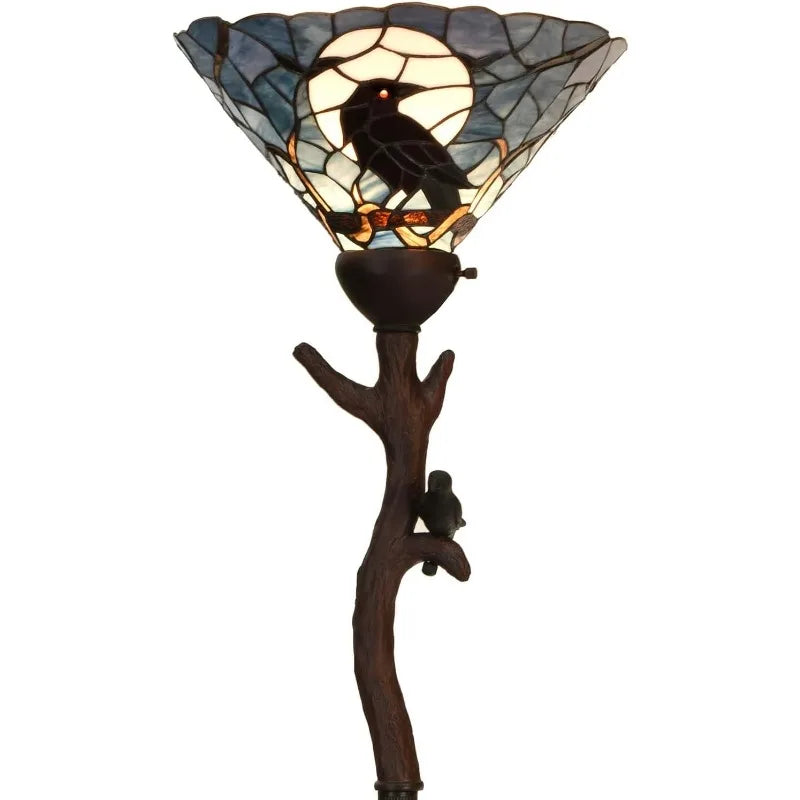 L10959 Raven Sitting on Bare Tree Branch in Full Moon Night Tiffany Style Stained Glass Torchiere Floor Lamp for Halloween