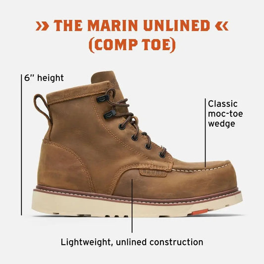 Marin Unlined Comp Toe Brown 6 Lightweight Safety Toe Wedge Work Boot EH Rated Slip Oil Resistant Adjustable Width System