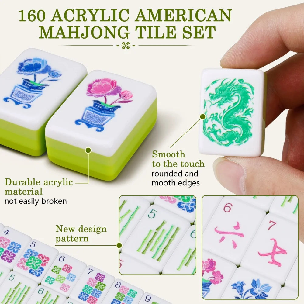 US Stock Light Green Luxury American Mahjong Set Acrylic Engraved Mahjong Tiles Travel Mah Jongg Sets for Adult Party Board Game