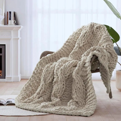 Chunky Knit Blanket Throw - 100% Hand Knitted Thick and Warm Throw or Winter, Linen, 50x60 Inches, Crochet