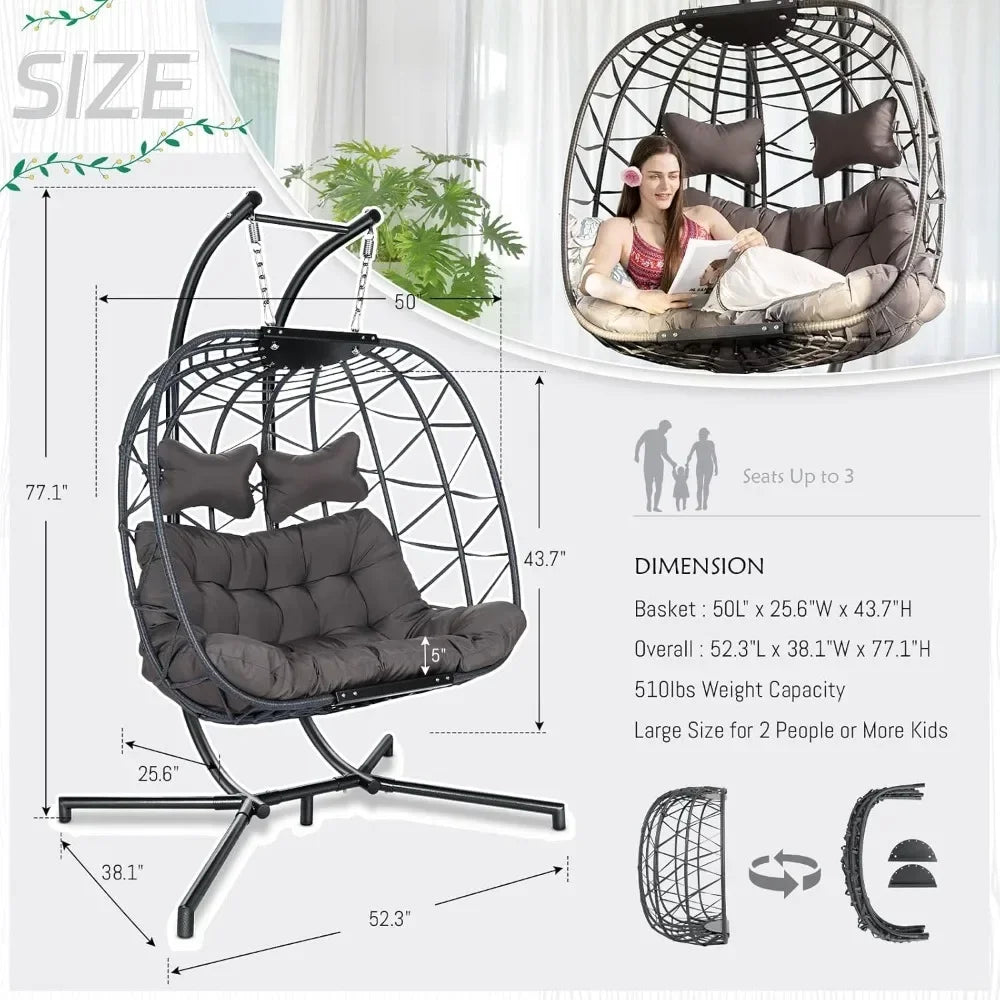 Extra Large Double Hanging Egg Chair 2 Person Outdoor Indoor Heavy-Duty 700 Lbs Wicker Hammock Swing Chair with Stand,Customized