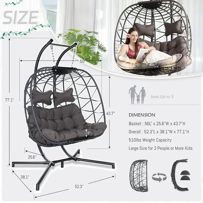 Extra Large Double Hanging Egg Chair 2 Person Outdoor Indoor Heavy-Duty 700 Lbs Wicker Hammock Swing Chair with Stand,Customized