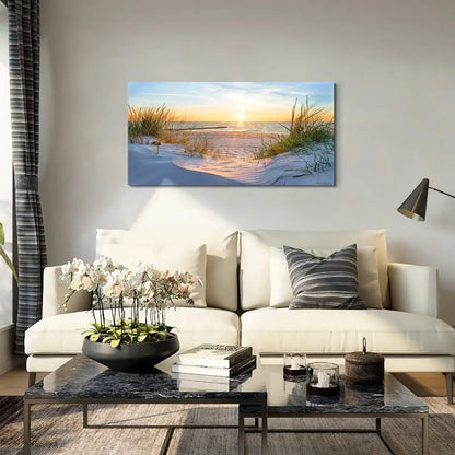 Large Canvas Wall Art for Living Room, Blue Sun Beach Ocean Landscape Painting, Framed Decor