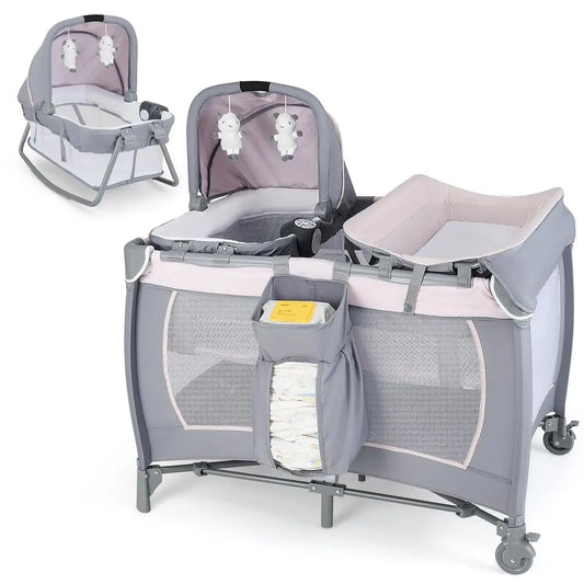 Portable Baby Playard with Bassinet, Cradle, Toys, Diaper Storage, and Changing Station in Pink
