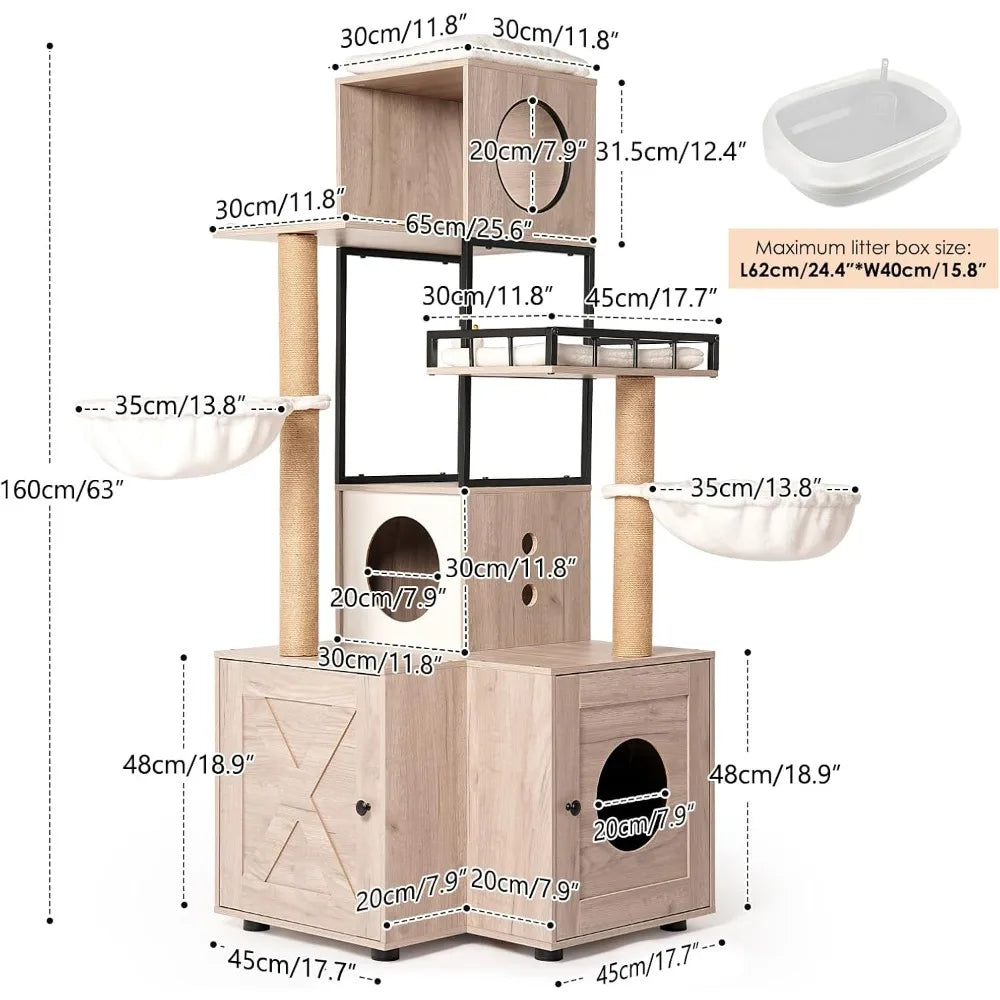wooden cat litter box enclosure with integrated cat tree, tower, condo, removable cushions, scratching posts, and dual hammocks