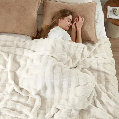 Faux Fur Blanket Queen Size for Bed, Soft Striped Plush Blanket, Thick Throw for Bedroom Couch Gift, 90x90 Inches Cream White