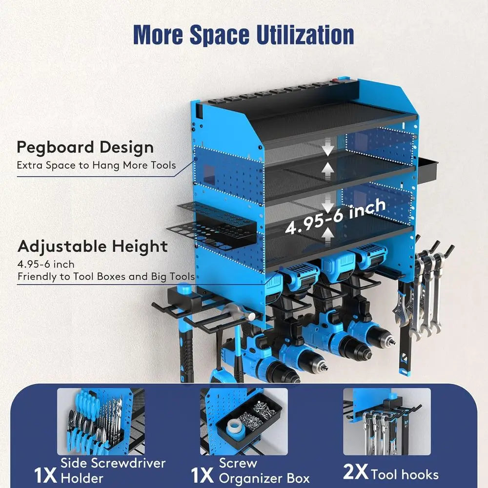 4-Tier Adjustable Wall-Mounted Power Tool Organizer with Charging Dock, Holds Drills, Hooks, and Storage Boxes