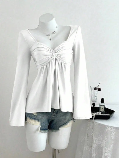 Women's Twist Front V-Neck Long Sleeve Top with Bell Sleeves, Casual Elegant Spring Autumn Blouse