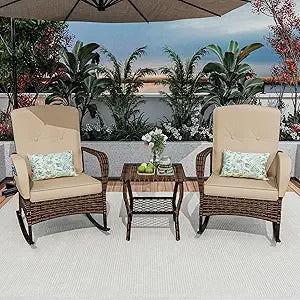 3-Piece Patio Furniture Set,Outdoor Rocking Chairs Set of 2, Patio Conversation Set with 2 Wicker Chairs with Rattan Coffee Tabl