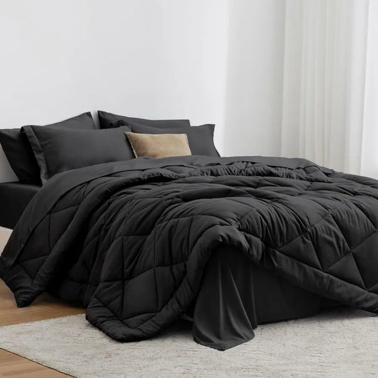 cabin King Size Comforter Set Black, 7 Pieces King Bed in a Bag, All Season Bedding Sets with 1 Comforter, 1 Flat Sheet, 1 Fitte