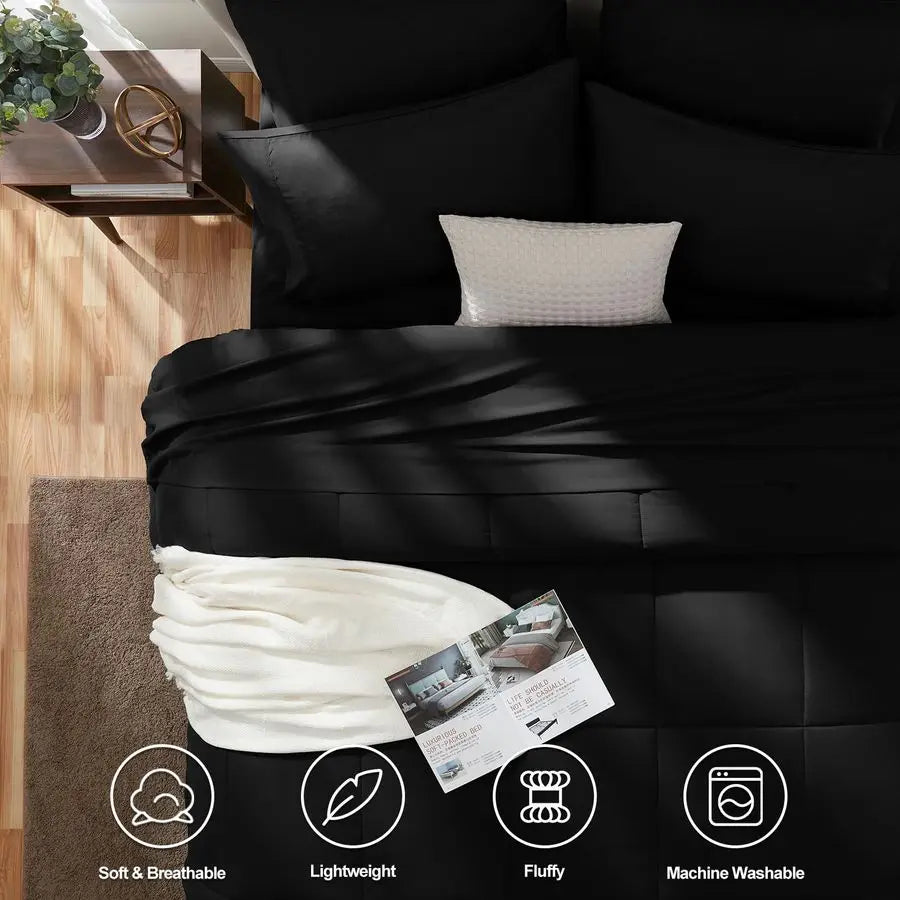 Queen Comforter Set Black, 7 Pieces Bed in a Bag, Black Comforter Queen Size, All Season Bedding Sets with Stitch Quilted Comfor
