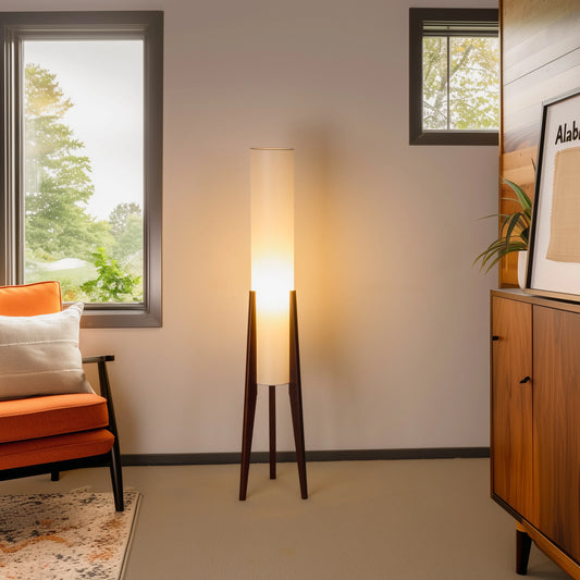 Fabric Floor Lamp Wood Finish Tripod, Cylinder Shade Tall Standing Lamp, Rustic Living Room Floor Lamp, Vintage Style Standing L