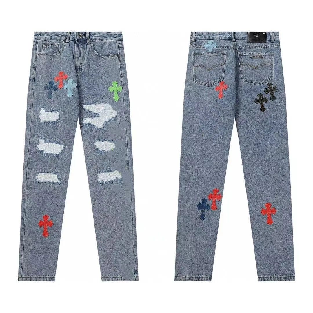 Classic Luxury Brand Men Women Leather Jeans Totem Patch Casual Pants Fashion Metal Embellished Couple Wear 2025