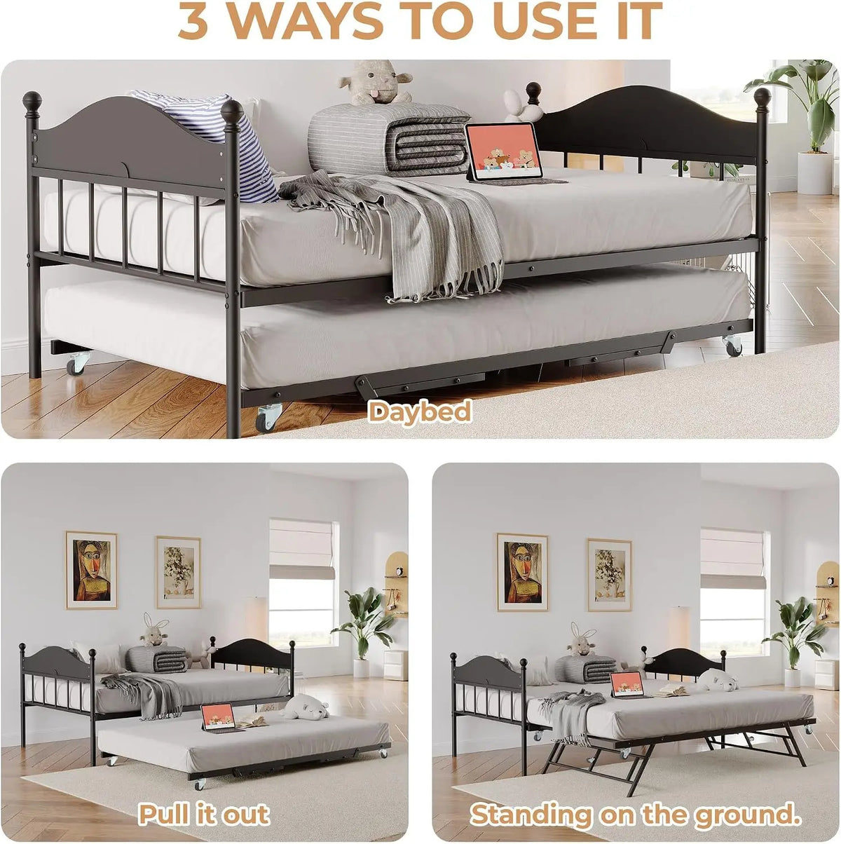 Garvee Heavy Duty Metal Bed Frame No Box Spring Needed Platform Bed Base with Sturdy Modern Iron Bedstead Steel Slatted Bed for Living Room Bedroom