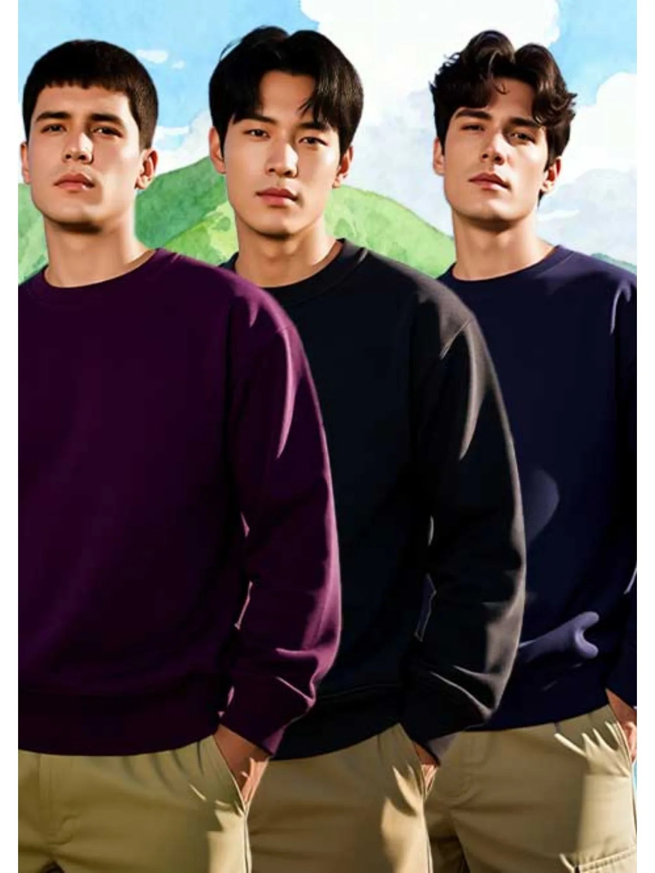 Three piece men's classic round neck sweatshirt set made of cotton blend, soft and comfortable, warm and perfect for daily