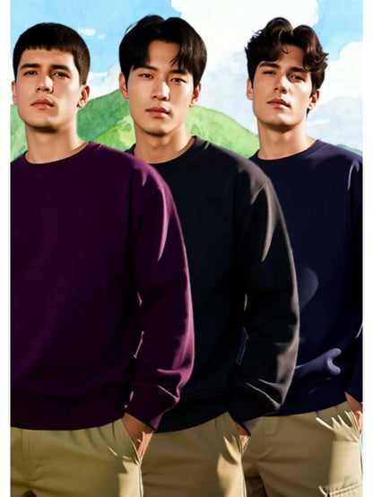 Three piece men's classic round neck sweatshirt set made of cotton blend, soft and comfortable, warm and perfect for daily