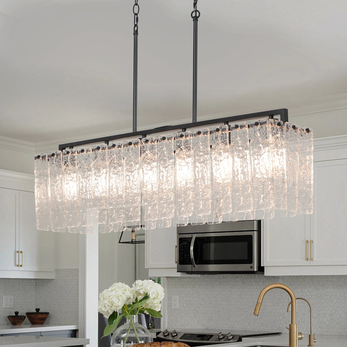 Rectangle Chandeliers for Dining Room 37" Water Ripple Glass Island Light Fixture Kitchen Island Lighting Adjust Height