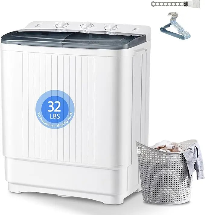 Portable Washing Machine, 32lbs Twin Tub (20lbs Washer + 12lbs Spinner) with 10 Hangers and Drying Rack, Semi-Automatic Compact