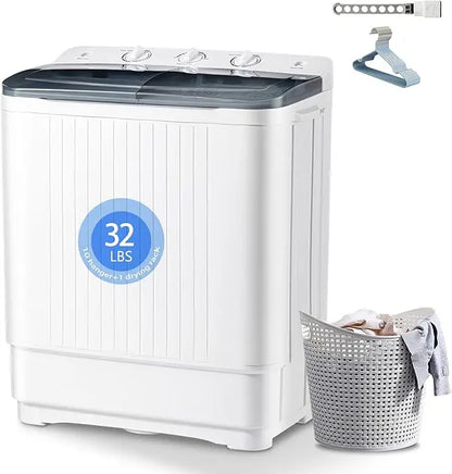 Portable Washing Machine, 32lbs Twin Tub (20lbs Washer + 12lbs Spinner) with 10 Hangers and Drying Rack, Semi-Automatic Compact