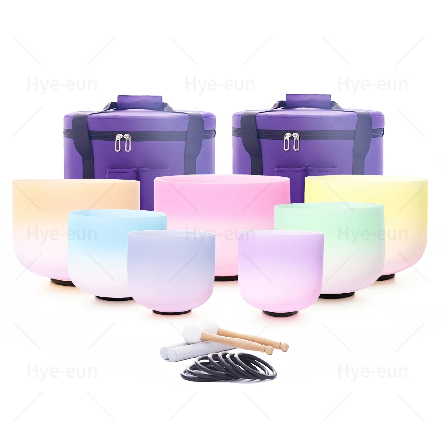 Hye-eun 7-12/6-12 Inch Crystal Singing Bowls Chakra Set of 7pcs with 2 Pcs Carrying Case for Yoga Musical Vibration Total 7 Pcs