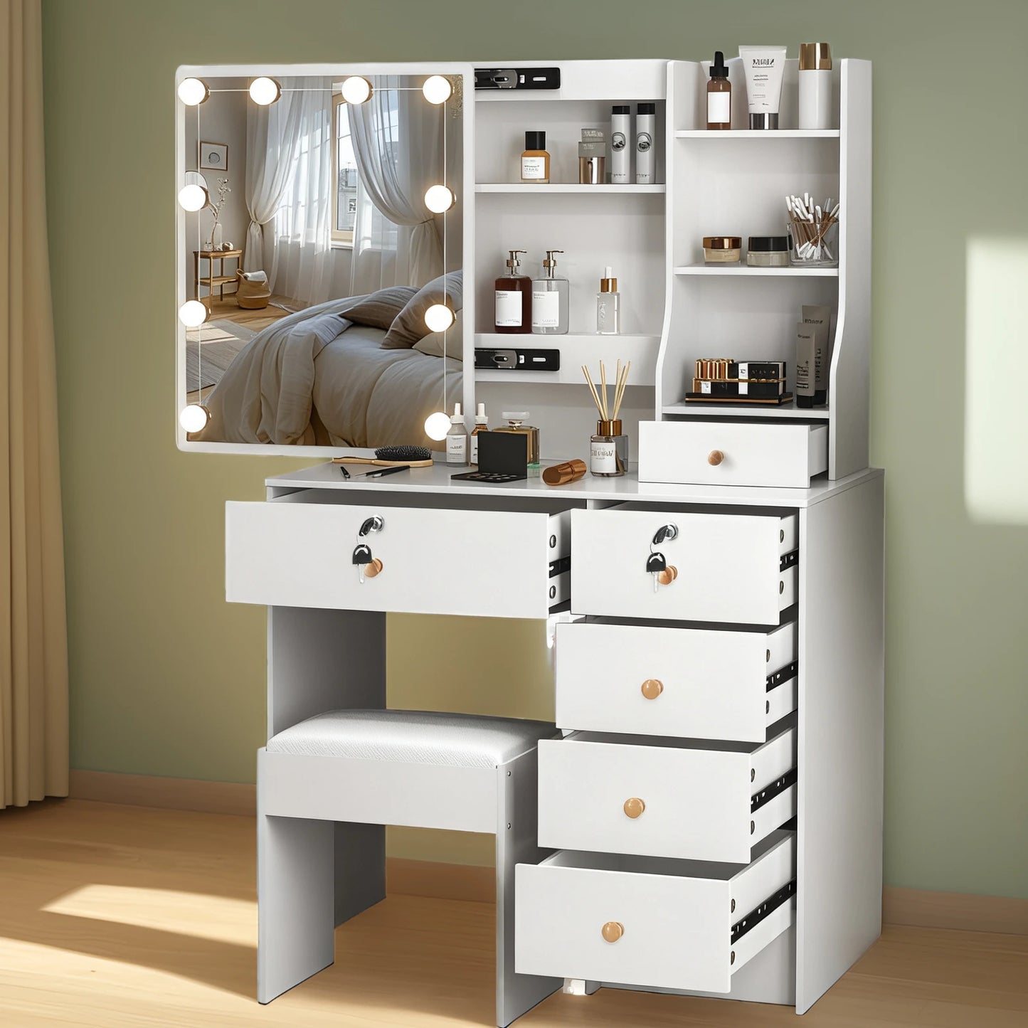 White LED Dressing Makeup Table Bedroom Vanity Set with LED Mirror Stool Drawers