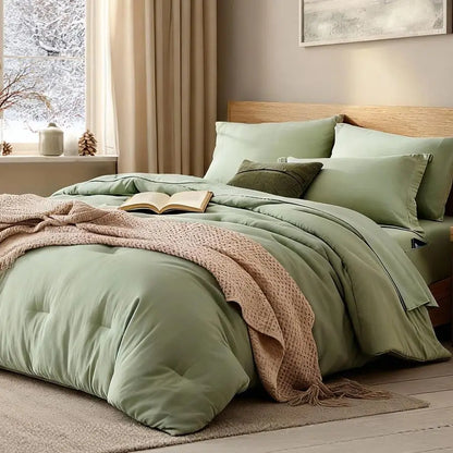 Queen Comforter Set 7 Pieces Sage Green Soft Bed in a Bag Queen with Fitted Sheet, Flat Sheet, 2 Pillow Shams, and 2 Pillowcases