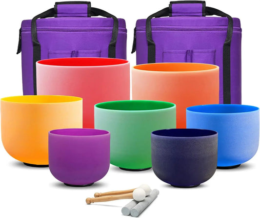 CVNC 440HZ 6-12 Inch Colored Frosted Chakra Quartz Crystal Singing Bowls Set of 7PCS for Sound Healing with 2PCS Bags