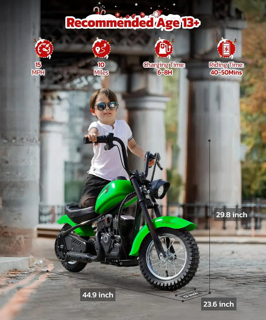 Electric Dirt Bike for Kids, 15mph, 150lb Max, LED Lights, Key Start, Twist Grip, 12' Air-Filled Tires - Green
