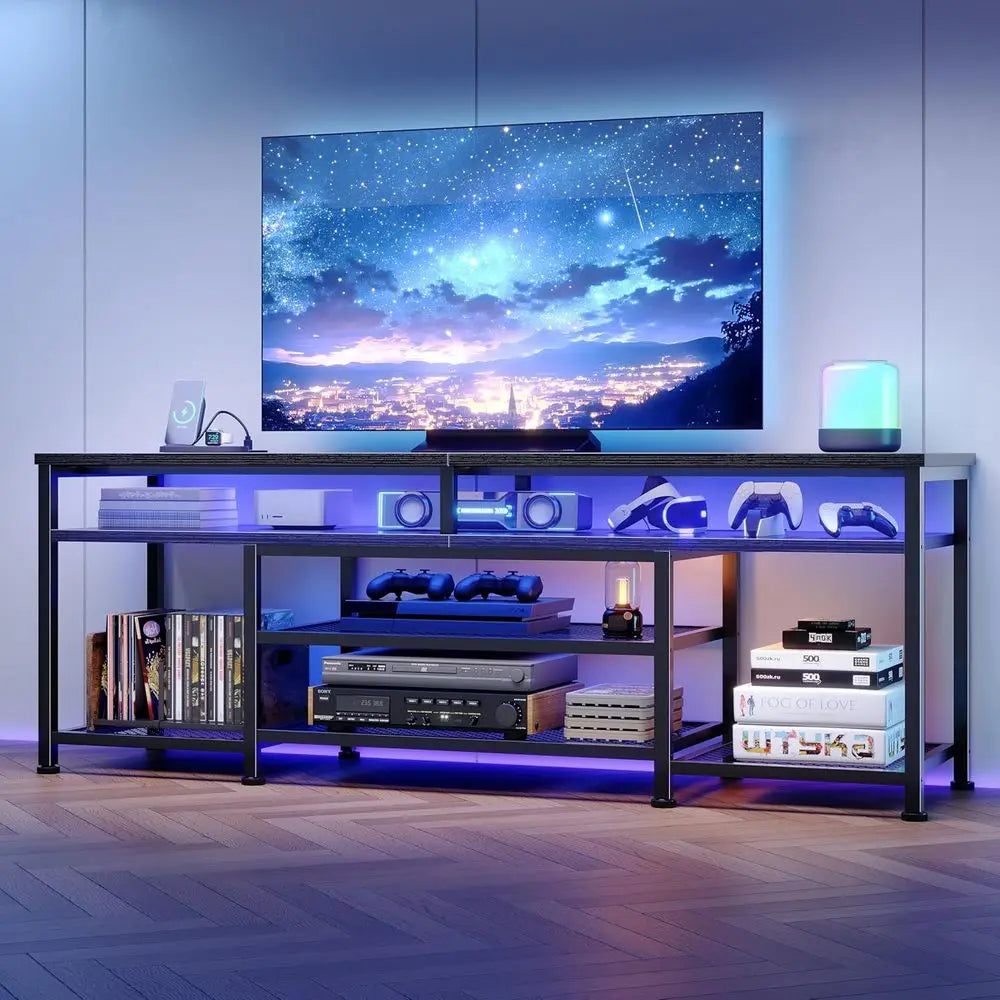 TV Stand with Power Outlets and LED Lights, 63 Inch Entertainment Center or 60 65 70 Inch TVs, Media ole Table with Open Shelves