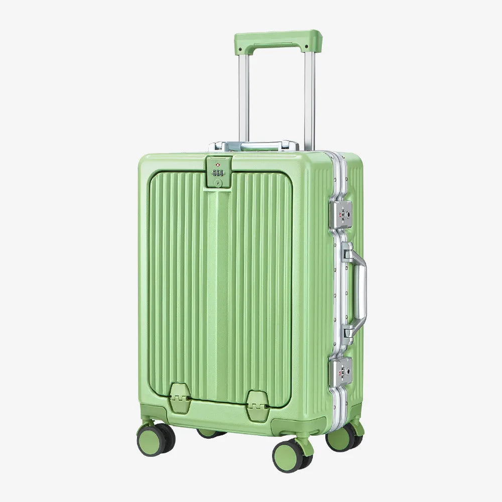 Front Opening Pocket Suitcase with Aluminum Alloy Frame Lock Trolley Bags Travel Rolling Luggage USB Charging Plug Spinner Wheel
