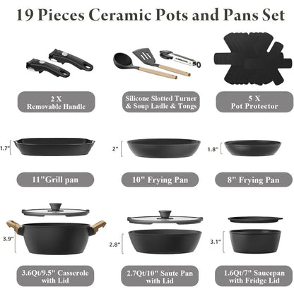 19 Pcs Pots and Pans Set Non Stick Ceramic Cookware Set with Removable Handles, Non Toxic Induction Kitchen Cookware Sets RV Coo