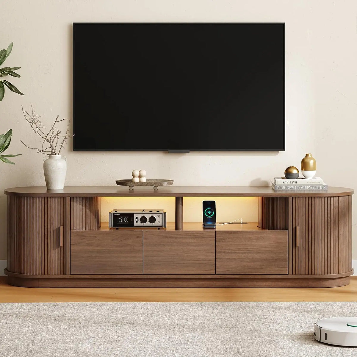 71" TV Stand with Power Outlet, 3 RGB LED Lights, for 85" TVs - 3-Drawer Mid Century Modern Entertainment Unit w/ Adjustable Shelf & Sliding Door Cabinet