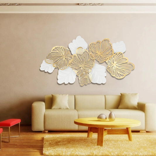 52"x28" 3D Metal Wall Art Leaves, "Gold Flower Blooming" Handmade Wall Hanging Artwork Decoration for Living Room Bedroom Gifts