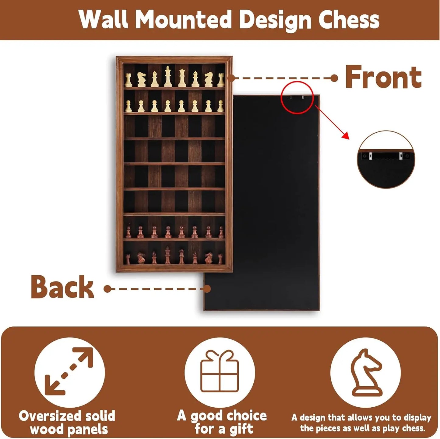 Giant Wall-Mounted Wooden Chess Game Set with Carved Pieces, Vertical Display Cabinet, Burnt Color Home Decor