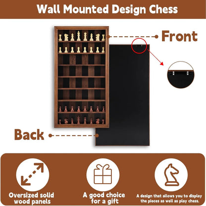 Giant Wall-Mounted Wooden Chess Game Set with Carved Pieces, Vertical Display Cabinet, Burnt Color Home Decor
